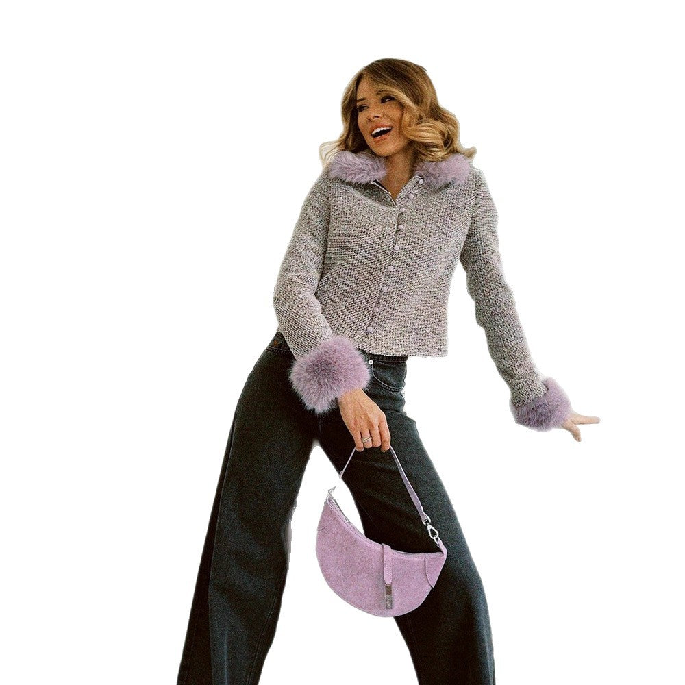 Damen Bouclé‑Jacke mit abnehmbarem Webpelzkragen und Fellmanschetten Nord Taschen