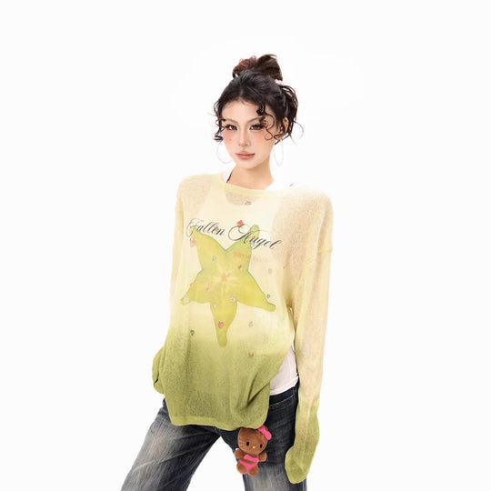 Damen Langarmshirt aus weichem Feinstrick mit Dip-Dye‑Gradient und Sternblüten‑Print Nord Taschen