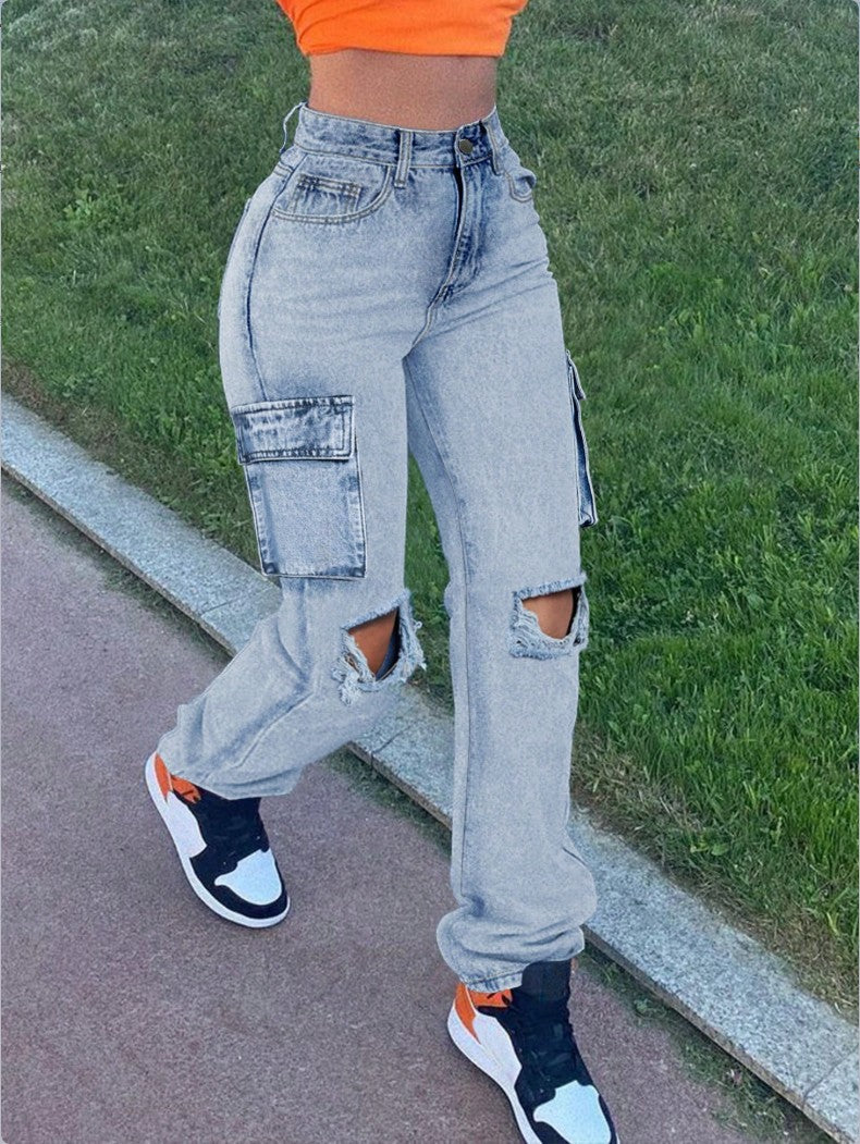 Damen High-Waist Cargo-Jeans mit geradem Bein, Knie-Rissen und seitlicher Klappentasche Nord Taschen