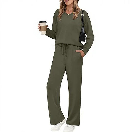 Damen Lässiges Lounge-Set mit V-Ausschnitt-Sweatshirt und weiten Tunnelzug-Hosen Nord Taschen