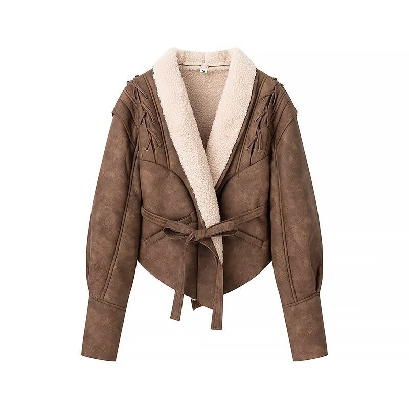 Damen Kurzjacke im Aviator‑Look mit Sherpa‑Futter, Bindegürtel und Schulter‑Schnürung Nord Taschen