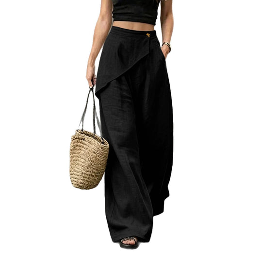 Damen Leichte Leinenhose mit Wickel-Front und weitem Bein Nord Taschen