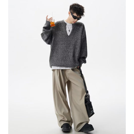 Herren Oversized Grobstrickpullover mit V-Ausschnitt Nord Taschen