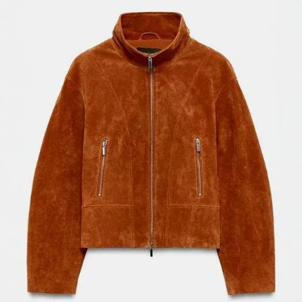 Damen Cropped-Veloursjacke im minimalistischen Design mit Stehkragen, Ziernähten und Reißverschlusstaschen Nord Taschen