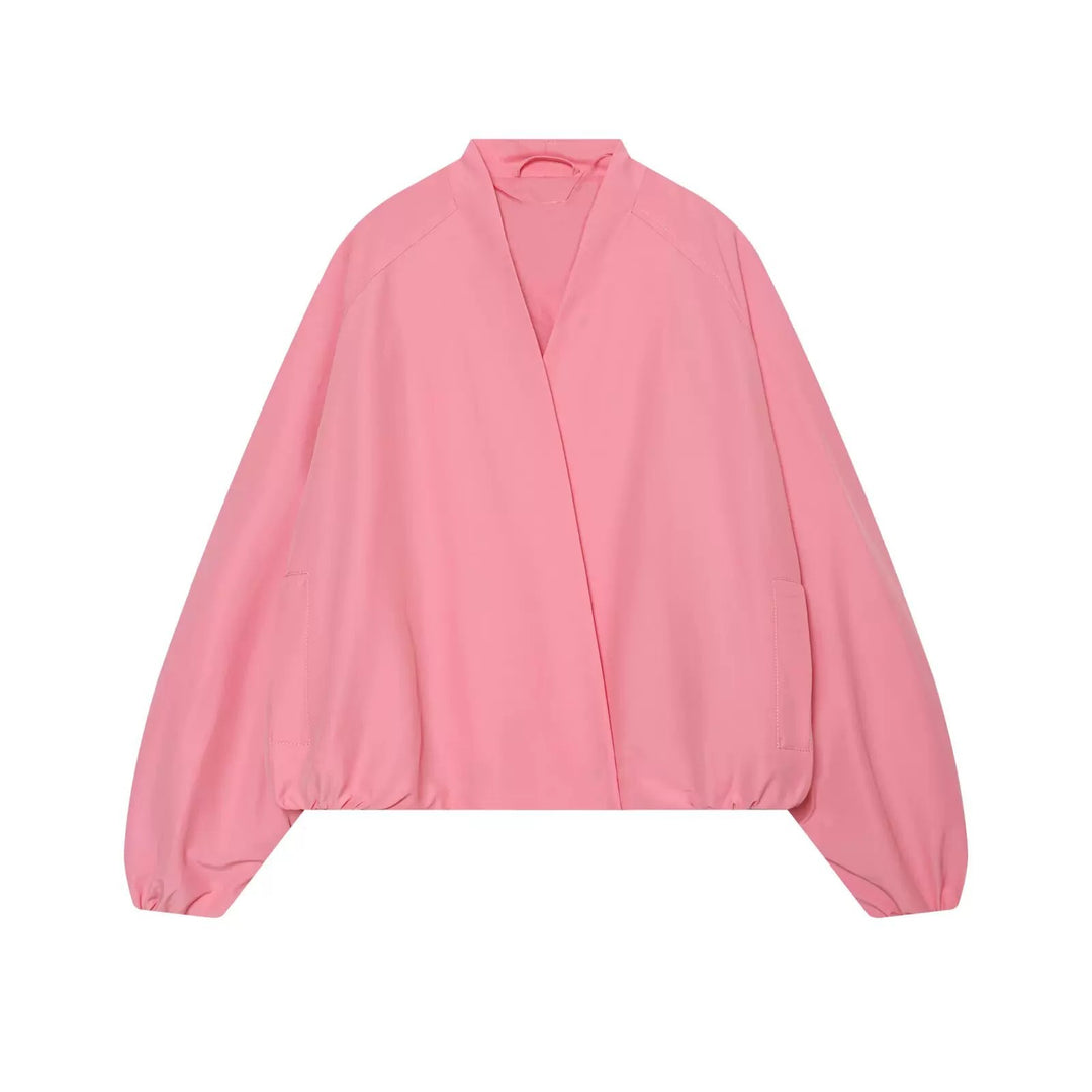 Damen Kurzjacke im Bomberstil mit Kimono-Kragen, Ballonärmeln und elastischem Saum Nord Taschen
