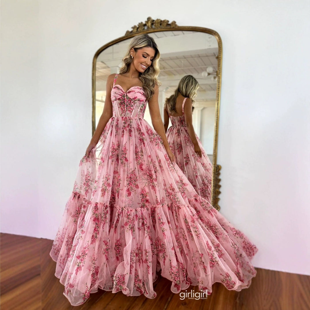 Damen Maxikleid mit floralem Tüll und voluminösem Rock