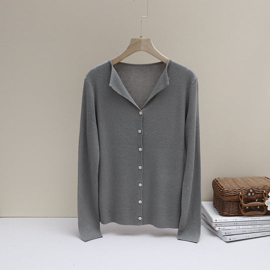 Damen Leichter Feinstrick-Cardigan mit offenem Hemdkragen und schimmernder Knopfleiste Nord Taschen