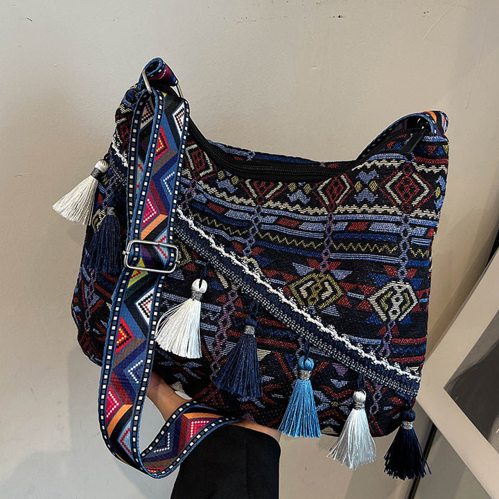 Damen Umhängetasche mit kunstvollem ethnischen Muster und dekorativen Quasten Nord Taschen