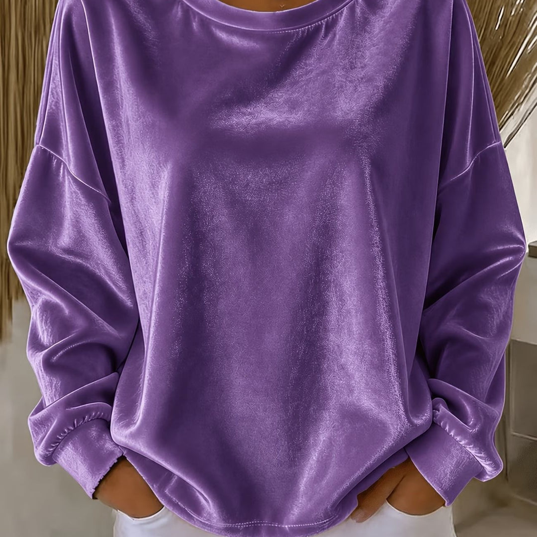 Damen Oversize Samt-Sweatshirt mit Rundhalsausschnitt, überschnittener Schulter und elastischen Bündchen Nord Taschen