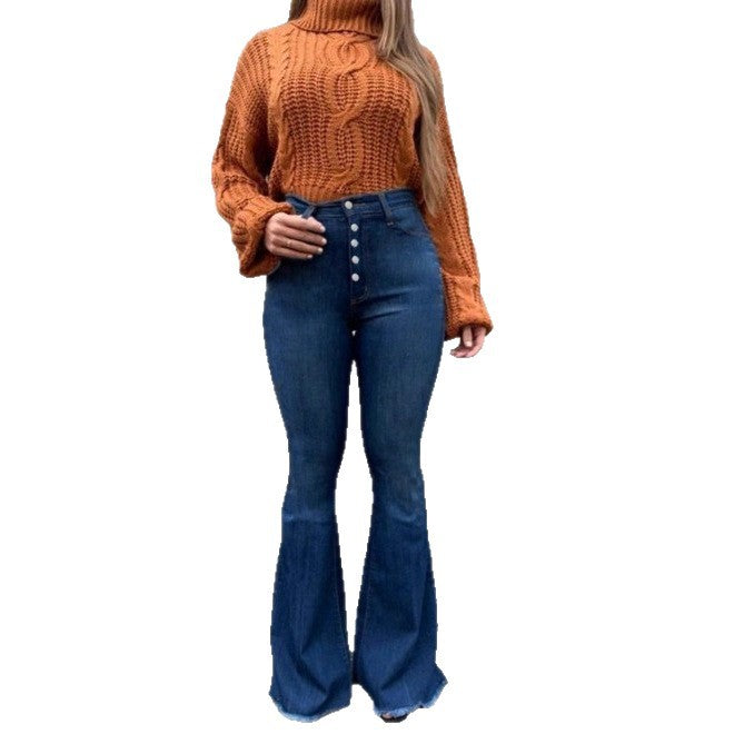 Damen hochtaillierte Retro-Flared-Jeans mit sichtbarer Knopfleiste und ausgestelltem Bein Nord Taschen