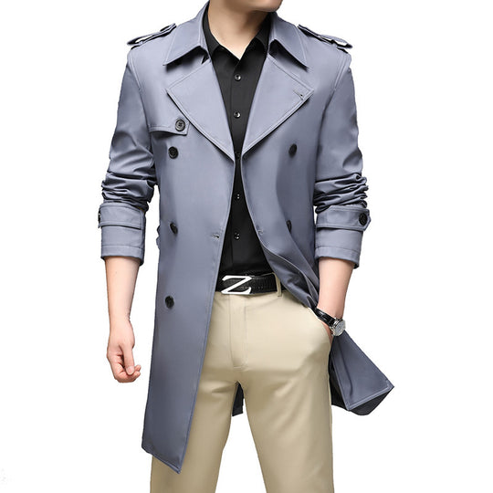 Herren Langer Slim-Fit Doppelreihiger Trenchcoat mit Epauletten und Taillengürtel Nord Taschen