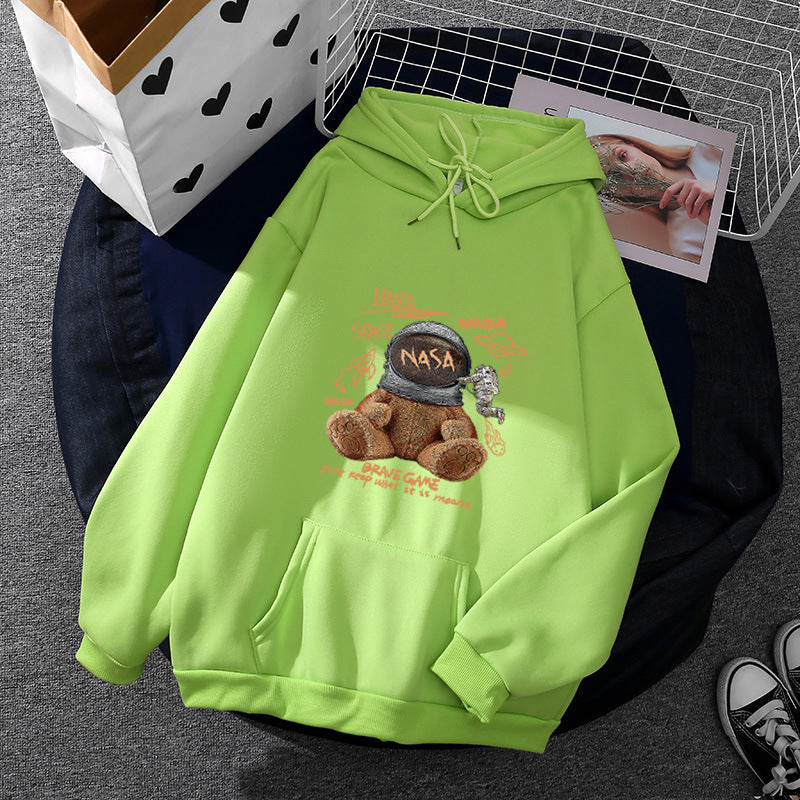 Damen nan lässiger Hoodie mit Astronauten‑Teddy‑Print, Kängurutasche und weichem Fleece-Innenfutter Nord Taschen