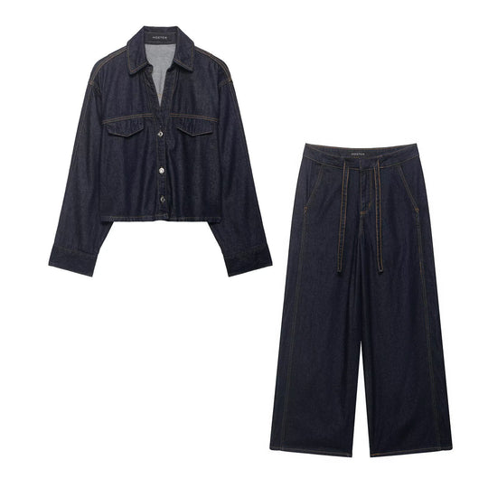 Damen Denim-Zweiteiler mit Cropped-Workerjacke und weiter High‑Waist-Hose Nord Taschen