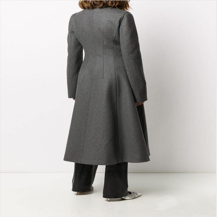 Damen Taillierter A-Linien Mantel mit asymmetrischer Einreihe und schwingendem Rock Nord Taschen