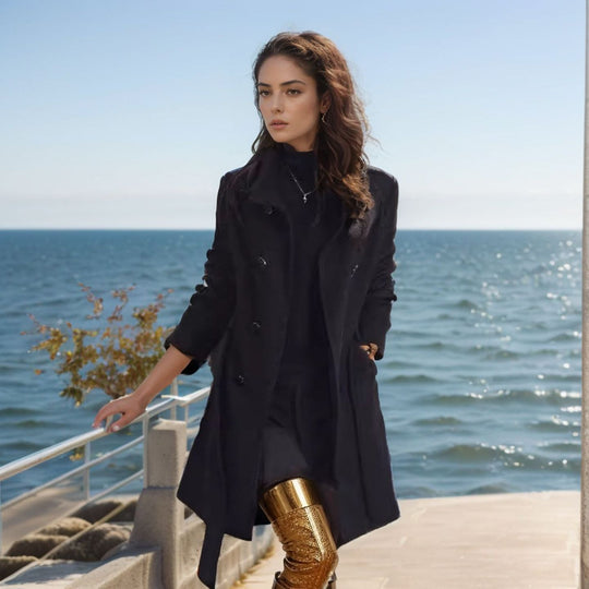 Damen Langmantel mit ausgefransten Kanten, taillierter Silhouette und Doppelreihe Nord Taschen