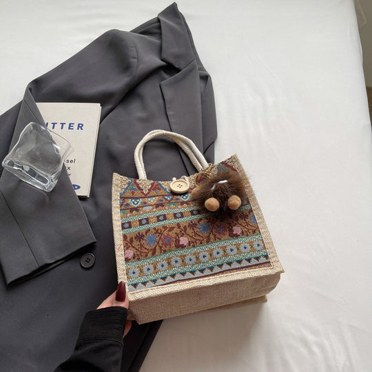 Damen Jute-Handtasche mit handgewebtem Ethnodruck Nord Taschen