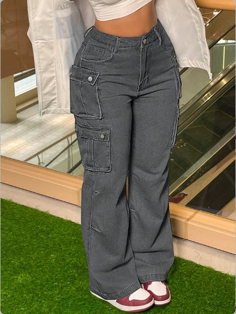 Damen Cargo-Denim-Hose mit weitem Bein, hoher Taille & multifunktionalen Klappentaschen Nord Taschen