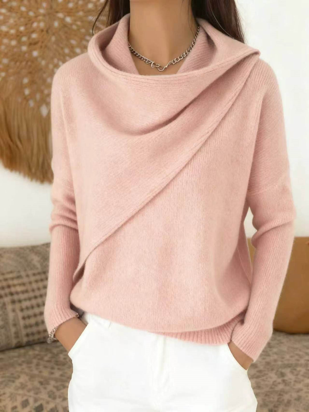 Damen Asymmetrischer Grobstrick-Pullover mit Schalkragen Nord Taschen
