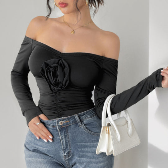 Damen Schulterfreies Longsleeve mit Rosenapplikation und taillierter Raffung Nord Taschen