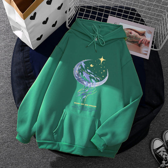 Damen Kapuzenpullover mit Mond‑und‑Wal-Illustration, Oversize-Schnitt und Kängurutasche Nord Taschen