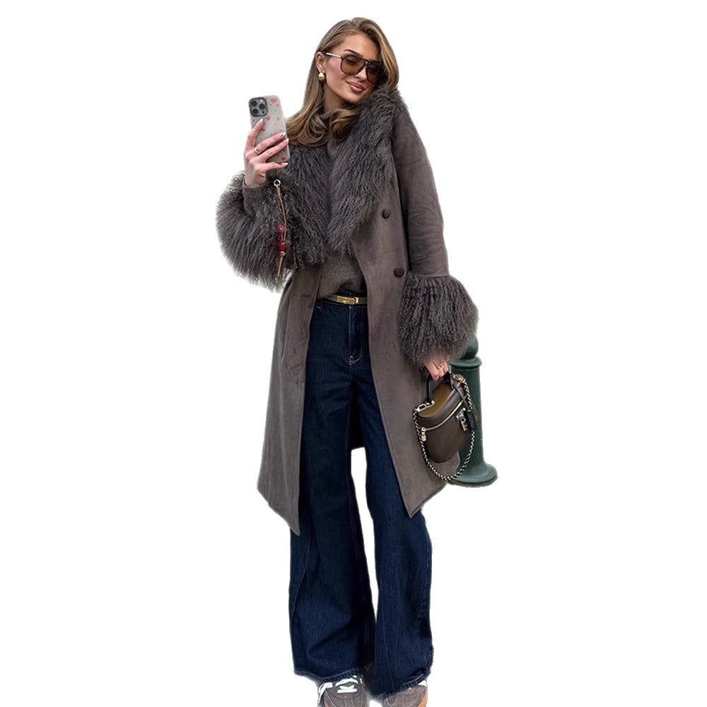 Damen Mantel aus Veloursleder‑Optik mit voluminösem Faux‑Fur‑Schalkragen, Fellmanschetten & Taillengürtel Nord Taschen