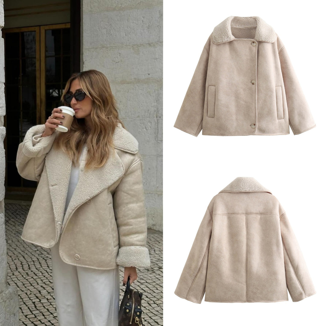 Damen Boxy Jacke in Lammfelloptik mit Teddyfutter und großem Umlegekragen Nord Taschen