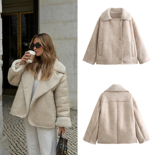 Damen Boxy Jacke in Lammfelloptik mit Teddyfutter und großem Umlegekragen Nord Taschen