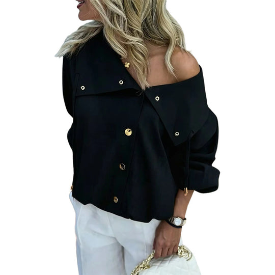 Damen Oversize Off-Shoulder Leinenbluse mit asymmetrischem Kragen und Zierknopfleiste Nord Taschen