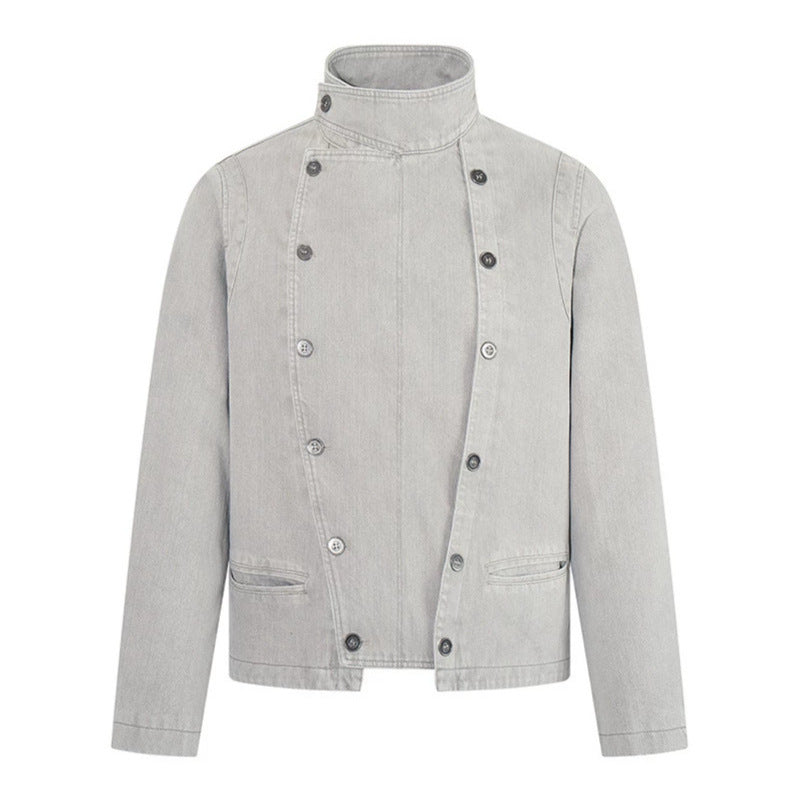 Herren asymmetrische Jeansjacke mit Stehkragen und zweireihiger Druckknopfleiste Nord Taschen
