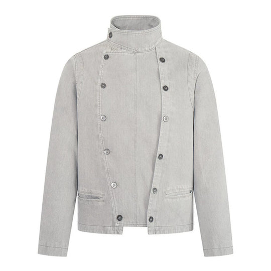 Herren asymmetrische Jeansjacke mit Stehkragen und zweireihiger Druckknopfleiste Nord Taschen