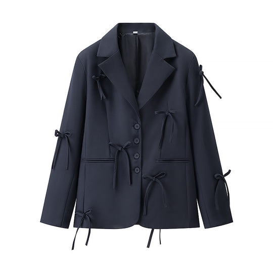 Damen Taillierter Blazer mit dekorativen Schleifen und abgestimmtem Minirock-Set Nord Taschen