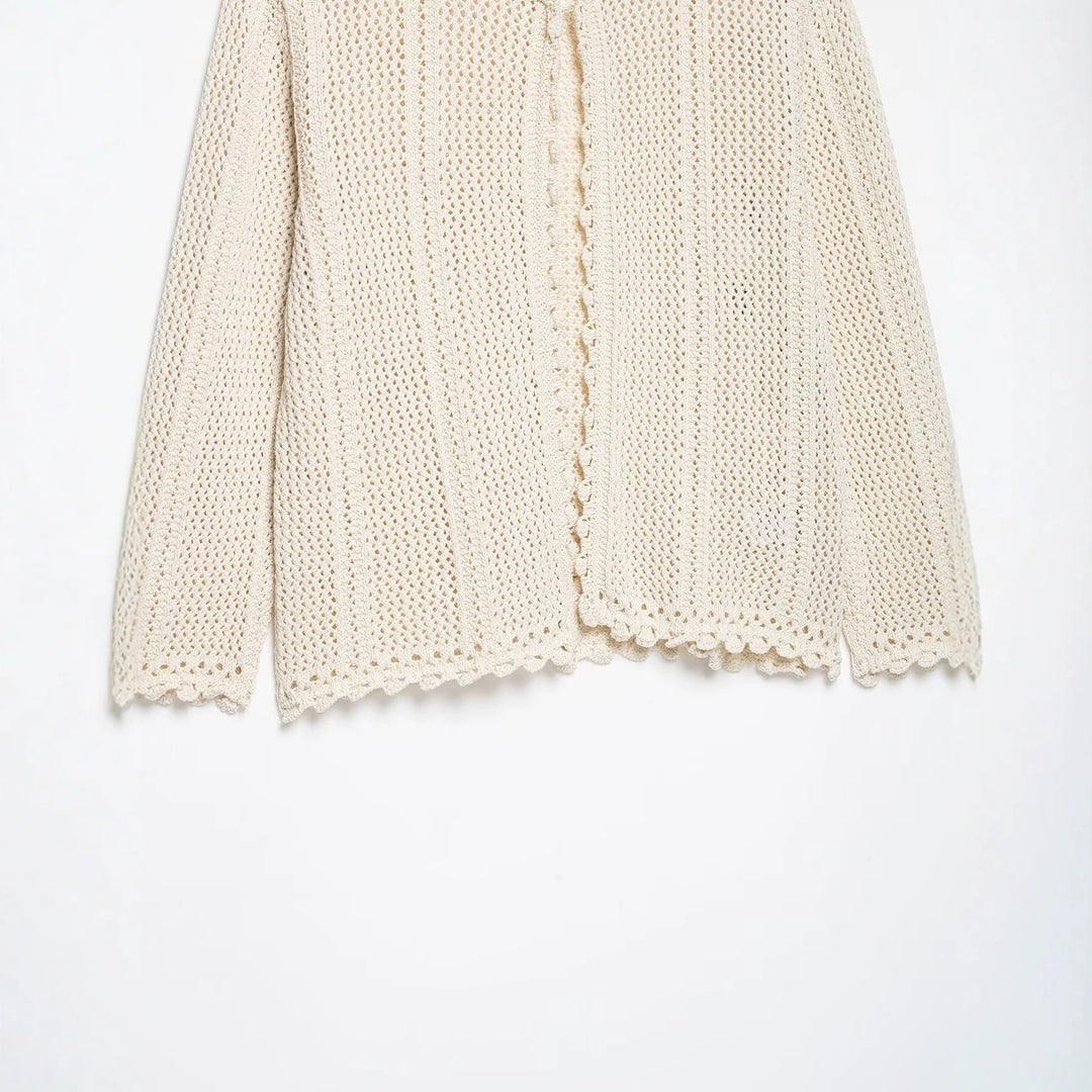 Damen Lockerer Häkelstrick-Cardigan mit feinem Lochmuster und Scallop-Saum Nord Taschen