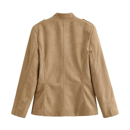 Damen Taillierte Safarijacke aus Wildlederoptik mit Stehkragen und Zierknöpfen Nord Taschen