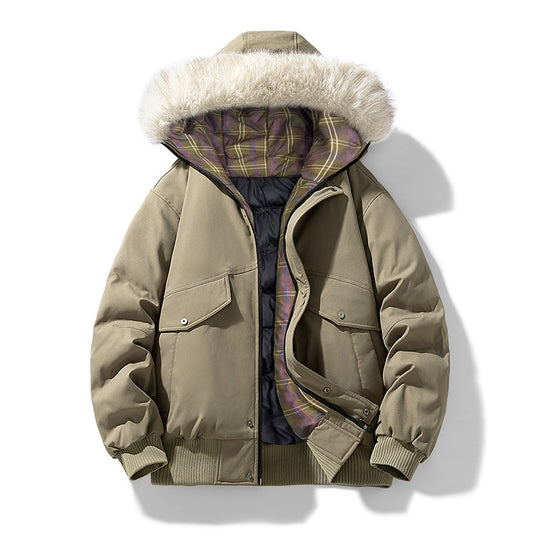 Herren Wattierte Winterjacke mit Kunstpelz-Kapuze, gestepptem kariertem Innenfutter und Bomberbündchen Nord Taschen