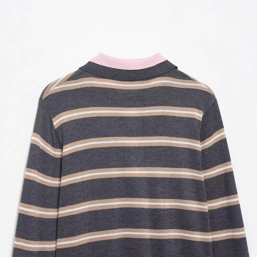 Damen Feinstrick-Rugby-Pullover mit kontrastierendem Kragen und Knopfleiste Nord Taschen