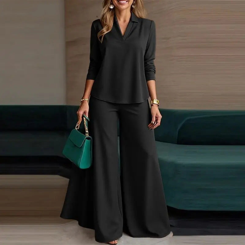 Damen Elegantes Zweiteiliges Palazzo-Set mit Hemdkragen-Top und weitem Bein Nord Taschen