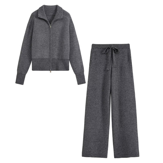 Damen Zweiteiliges Strickset mit Reißverschluss-Cardigan, Stehkragen und weitem Bein Nord Taschen