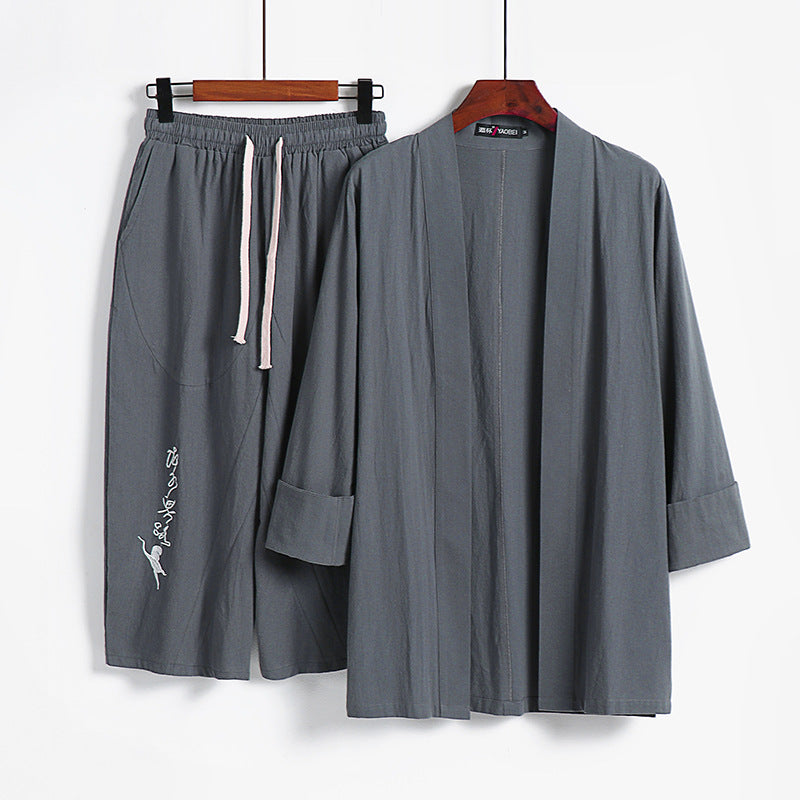 Damen Kimono-Set aus leichter Baumwollmischung offene Jacke mit lässig gekrempelten Ärmeln und weiter Haremshose mit Kordelzug Nord Taschen