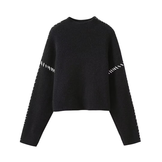 Damen Oversized Cropped Strickpullover mit Kontraststich und Raglanärmeln Nord Taschen