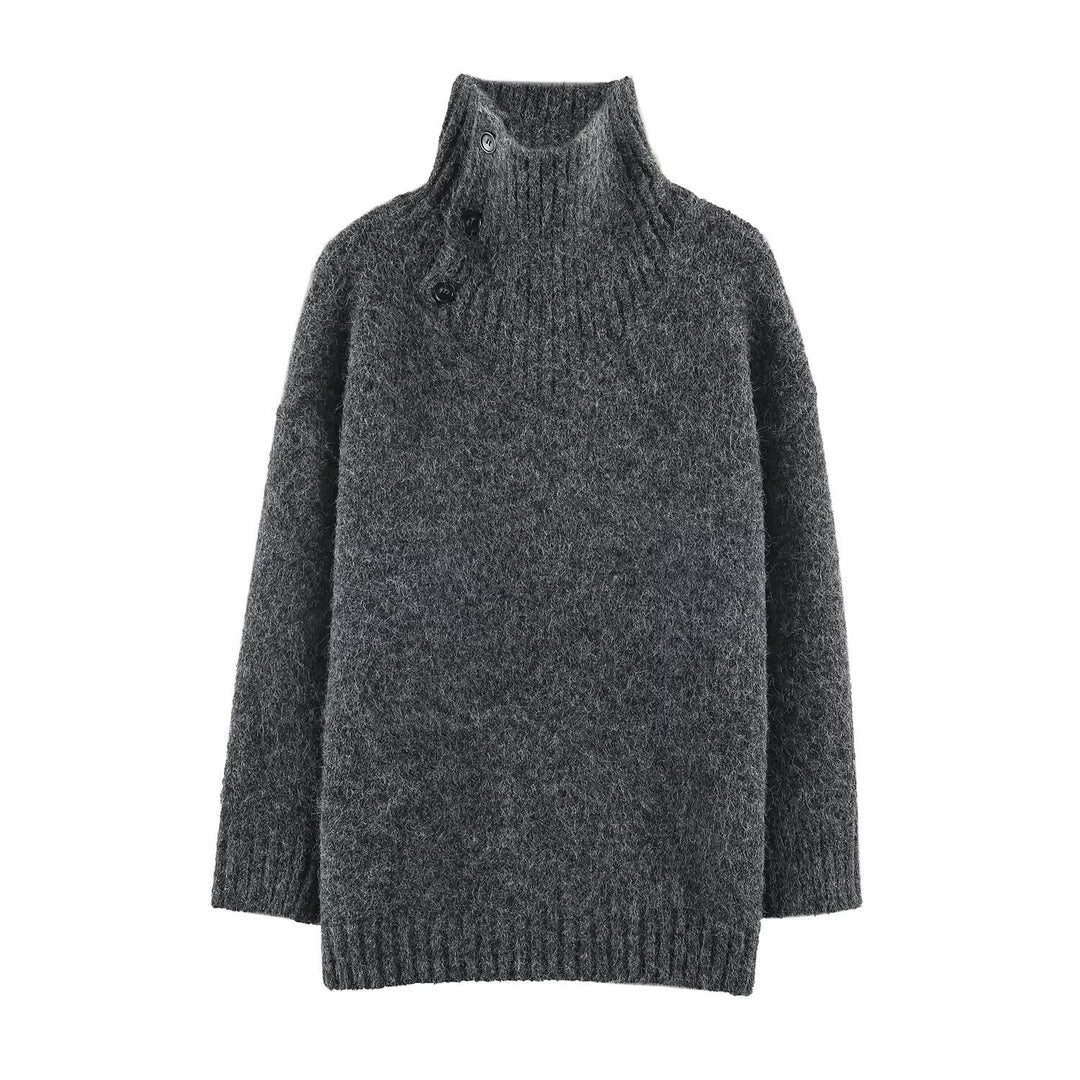 Damen Oversized Strickpullover mit hohem Rippkragen, Knopfdetail und V‑Ausschnitt Nord Taschen