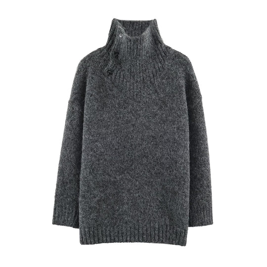 Damen Oversized Strickpullover mit hohem Rippkragen, Knopfdetail und V‑Ausschnitt Nord Taschen