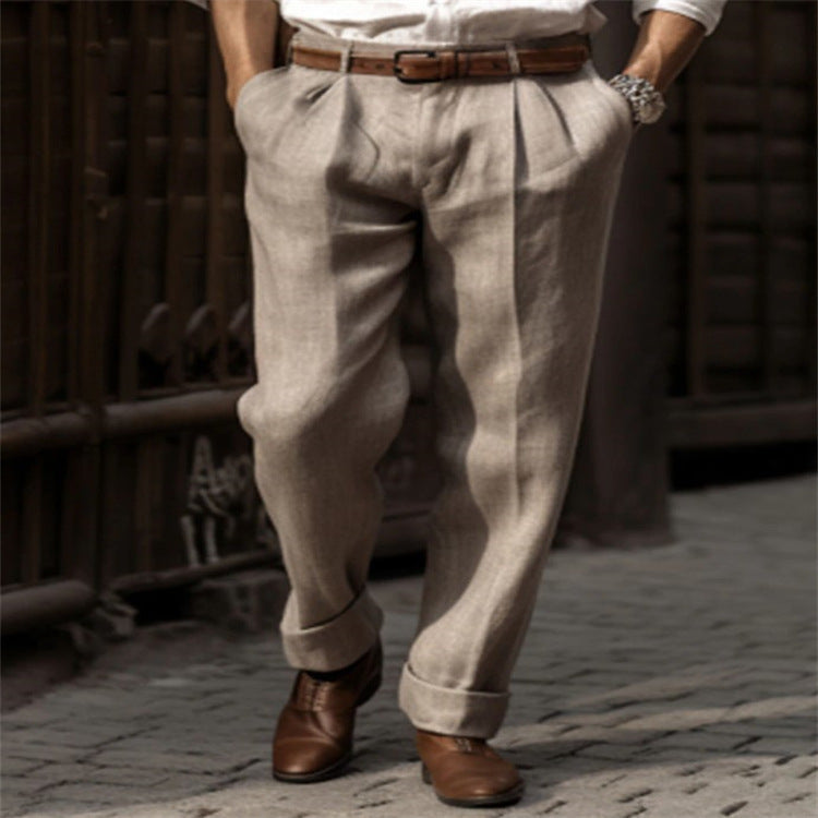Herren Bundfalten-Leinenchino mit hohem Bund weitem Bein und klassischem Seitentaschenschnitt Nord Taschen