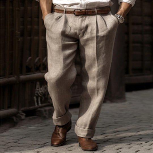 Herren Bundfalten-Leinenchino mit hohem Bund weitem Bein und klassischem Seitentaschenschnitt Nord Taschen