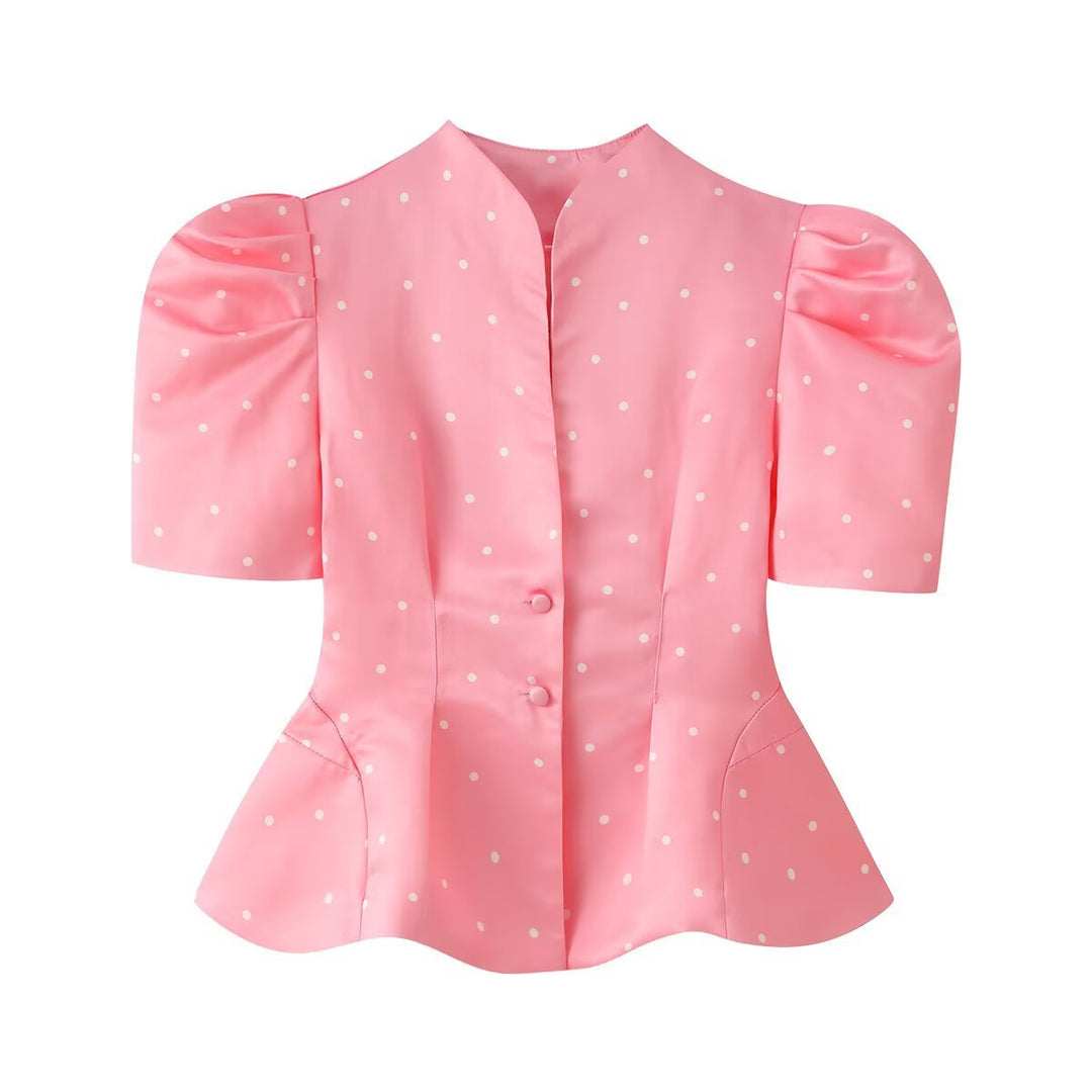 Damen Taillierte Satinbluse mit Puffärmeln, Stehkragen und Polka‑Dot‑Print Nord Taschen