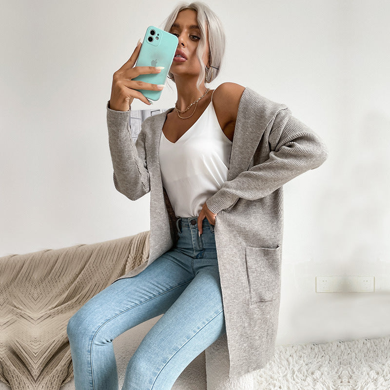 Damen Langärmlige Strickjacke mit Kapuze und seitlichen Taschen