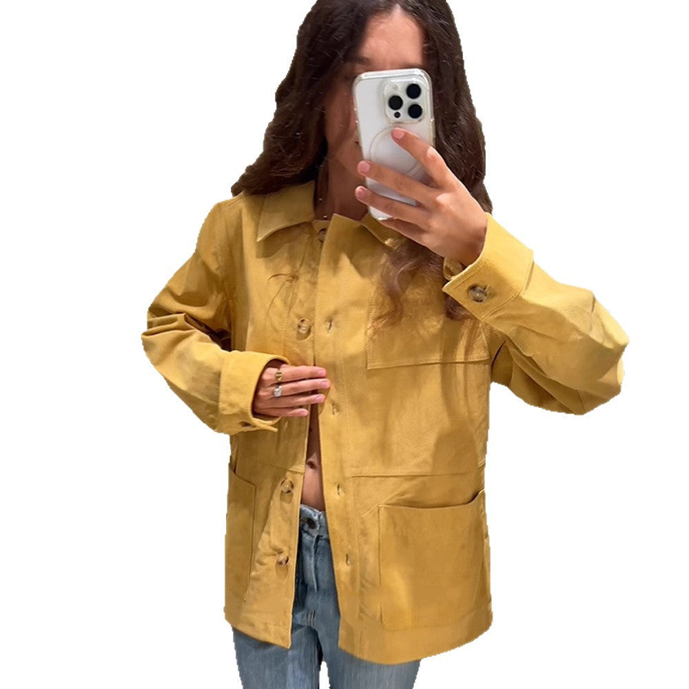 Damen Oversize Baumwoll-Worker-Jacke mit aufgesetzten Taschen Nord Taschen