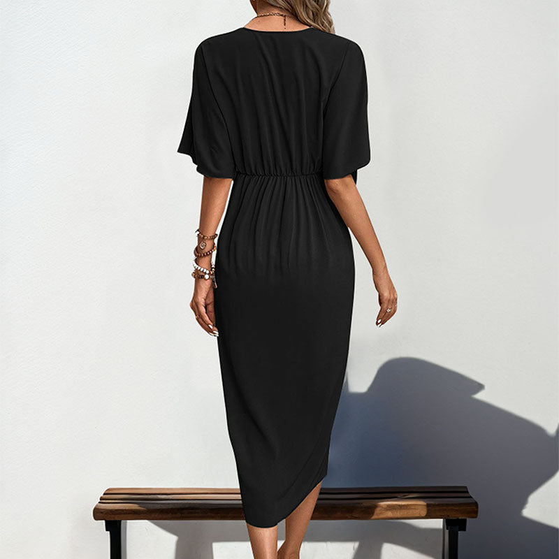 Damen Wickel-Midikleid mit Knotendetail, V-Ausschnitt und überschnittenen Ärmeln Nord Taschen