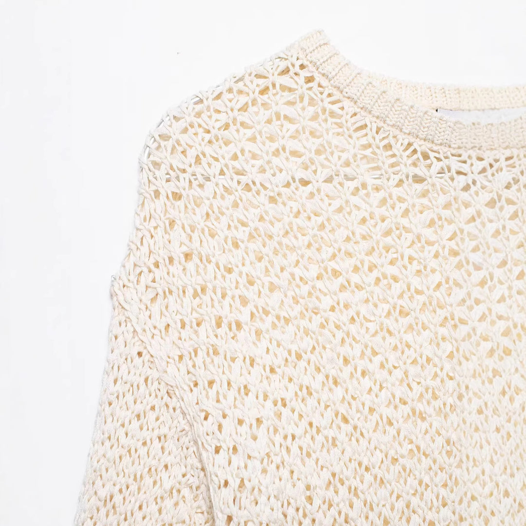 Damen Offener Häkelstrick-Pullover mit ausgestelltem Volant-Saum Nord Taschen