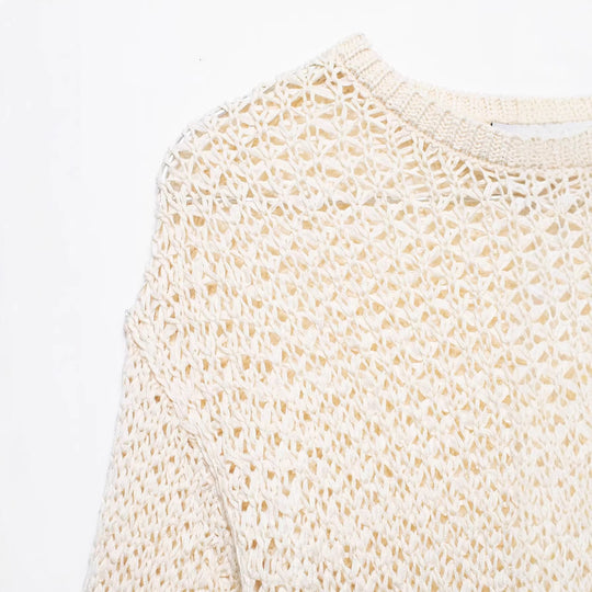 Damen Offener Häkelstrick-Pullover mit ausgestelltem Volant-Saum Nord Taschen