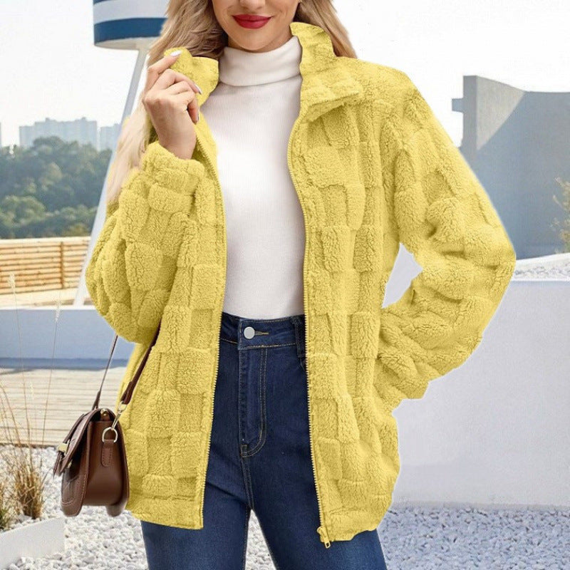 Damen Teddyjacke mit Karo-Struktur, Stehkragen und Reißverschluss Nord Taschen